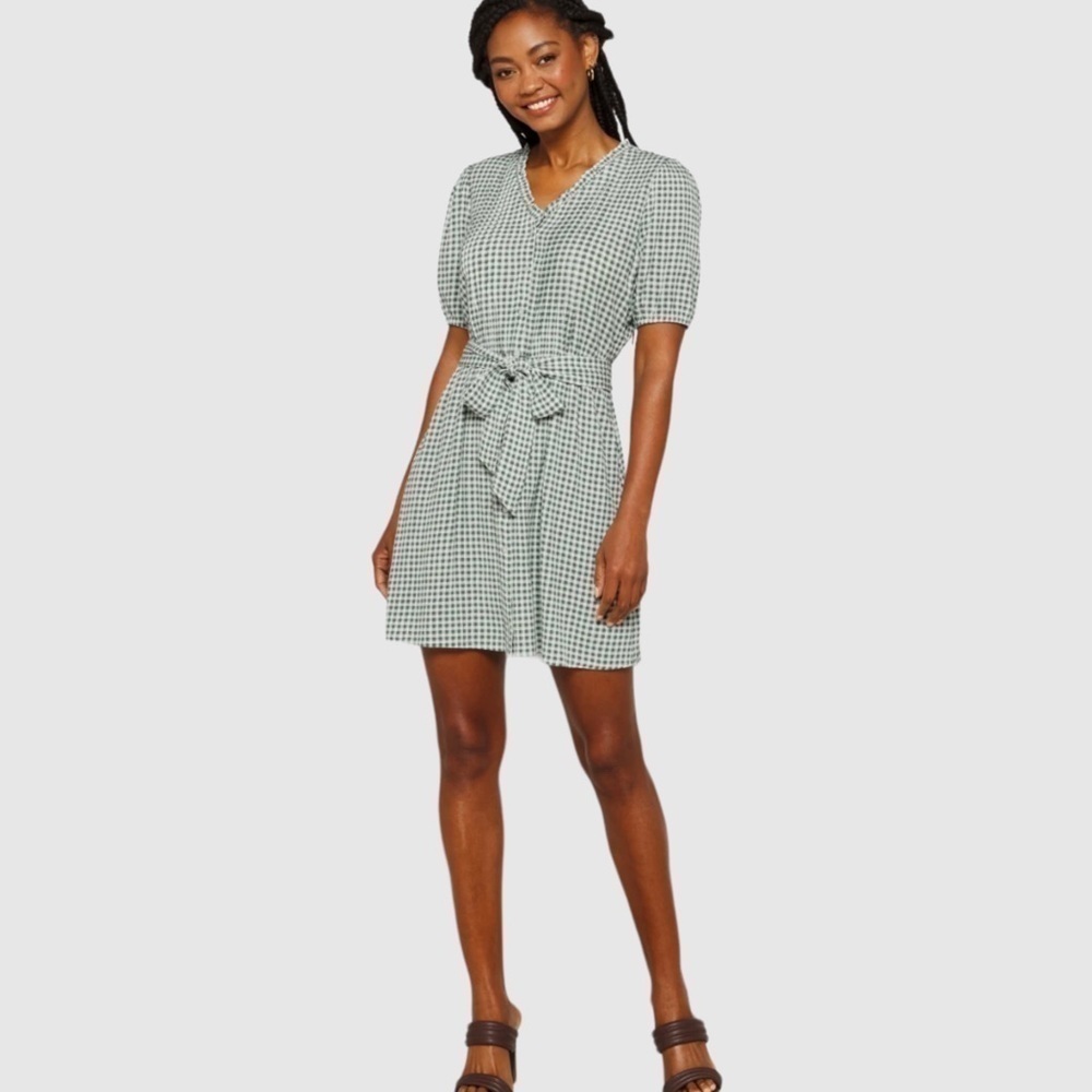 Stitch Fix Market & Spruce Jessica Ruffle Neck Button Down Dress Green Gingham